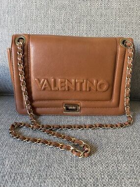 Valentino Cognac Leather Chain Shoulder Bag with Logo